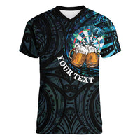 Personalized New Zealand Darts Beer Women V-Neck T-Shirt Paua Shell Aotearoa Maori Tattoo - Polynesian Pride