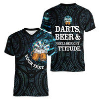 Personalized New Zealand Darts Beer Women V-Neck T-Shirt Paua Shell Aotearoa Maori Tattoo - Polynesian Pride