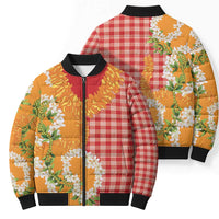 Prince Kuhio Aloha Hawaii Bomber Puffer Jacket Plumeria Ilima Lei Palaka Motifs LT14 - Polynesian Pride