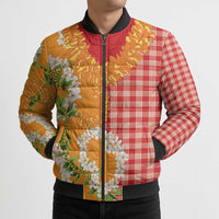 Prince Kuhio Aloha Hawaii Bomber Puffer Jacket Plumeria Ilima Lei Palaka Motifs LT14 - Polynesian Pride