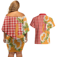 Prince Kuhio Aloha Hawaii Couples Matching Off Shoulder Short Dress and Hawaiian Shirt Plumeria Ilima Lei Palaka Motifs