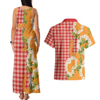 Prince Kuhio Aloha Hawaii Couples Matching Tank Maxi Dress and Hawaiian Shirt Plumeria Ilima Lei Palaka Motifs