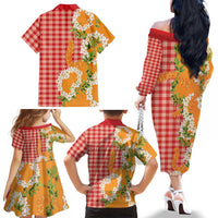 Prince Kuhio Aloha Hawaii Family Matching Off The Shoulder Long Sleeve Dress and Hawaiian Shirt Plumeria Ilima Lei Palaka Motifs