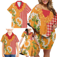 Prince Kuhio Aloha Hawaii Family Matching Off Shoulder Short Dress and Hawaiian Shirt Plumeria Ilima Lei Palaka Motifs