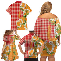 Prince Kuhio Aloha Hawaii Family Matching Off Shoulder Short Dress and Hawaiian Shirt Plumeria Ilima Lei Palaka Motifs