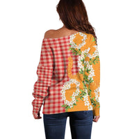 Prince Kuhio Aloha Hawaii Off Shoulder Sweater Plumeria Ilima Lei Palaka Motifs LT14 - Polynesian Pride