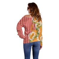 Prince Kuhio Aloha Hawaii Off Shoulder Sweater Plumeria Ilima Lei Palaka Motifs LT14 - Polynesian Pride