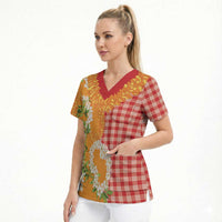 Prince Kuhio Aloha Hawaii Scrub Top Plumeria Ilima Lei Palaka Motifs