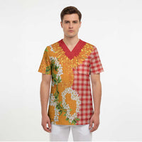 Prince Kuhio Aloha Hawaii Scrub Top Plumeria Ilima Lei Palaka Motifs