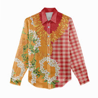 Prince Kuhio Aloha Hawaii Women Casual Shirt Plumeria Ilima Lei Palaka Motifs