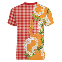 Prince Kuhio Aloha Hawaii Women V-Neck T-Shirt Plumeria Ilima Lei Palaka Motifs