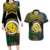 Personalised Malampa Day Couples Matching Long Sleeve Bodycon Dress and Hawaiian Shirt Vanuatu Provinces Polynesian Pattern LT14 Black - Polynesian Pride
