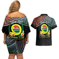 Personalised Penama Day Couples Matching Off Shoulder Short Dress and Hawaiian Shirt Vanuatu Provinces Polynesian Pattern LT14 - Polynesian Pride