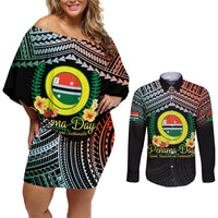 Personalised Penama Day Couples Matching Off Shoulder Short Dress and Long Sleeve Button Shirt Vanuatu Provinces Polynesian Pattern LT14 Black - Polynesian Pride
