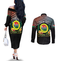 Personalised Penama Day Couples Matching Off The Shoulder Long Sleeve Dress and Long Sleeve Button Shirt Vanuatu Provinces Polynesian Pattern LT14 - Polynesian Pride