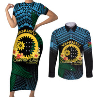 Personalised Sanma Day Couples Matching Short Sleeve Bodycon Dress and Long Sleeve Button Shirt Vanuatu Provinces Polynesian Pattern LT14 Black - Polynesian Pride