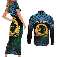 Personalised Sanma Day Couples Matching Short Sleeve Bodycon Dress and Long Sleeve Button Shirt Vanuatu Provinces Polynesian Pattern LT14 - Polynesian Pride
