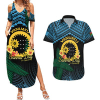 Personalised Sanma Day Couples Matching Summer Maxi Dress and Hawaiian Shirt Vanuatu Provinces Polynesian Pattern LT14 Black - Polynesian Pride