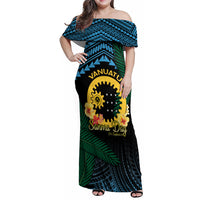 Personalised Sanma Day Family Matching Off Shoulder Maxi Dress and Hawaiian Shirt Vanuatu Provinces Polynesian Pattern LT14 Mom's Dress Black - Polynesian Pride