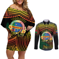 Personalised Tafea Day Couples Matching Off Shoulder Short Dress and Long Sleeve Button Shirt Vanuatu Provinces Polynesian Pattern LT14 Black - Polynesian Pride