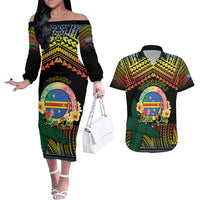 Personalised Tafea Day Couples Matching Off The Shoulder Long Sleeve Dress and Hawaiian Shirt Vanuatu Provinces Polynesian Pattern LT14 Black - Polynesian Pride