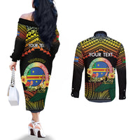 Personalised Tafea Day Couples Matching Off The Shoulder Long Sleeve Dress and Long Sleeve Button Shirt Vanuatu Provinces Polynesian Pattern LT14 - Polynesian Pride