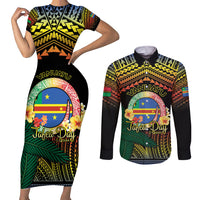 Personalised Tafea Day Couples Matching Short Sleeve Bodycon Dress and Long Sleeve Button Shirt Vanuatu Provinces Polynesian Pattern LT14 Black - Polynesian Pride