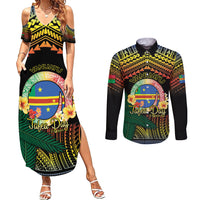 Personalised Tafea Day Couples Matching Summer Maxi Dress and Long Sleeve Button Shirt Vanuatu Provinces Polynesian Pattern LT14 Black - Polynesian Pride