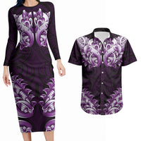 New Zealand Ta Moko Couples Matching Long Sleeve Bodycon Dress and Hawaiian Shirt Aotearoa Maori Chest Tattoo Purple