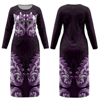 New Zealand Ta Moko Couples Matching Long Sleeve Bodycon Dress and Hawaiian Shirt Aotearoa Maori Chest Tattoo Purple