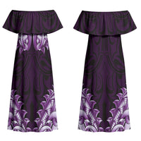 New Zealand Ta Moko Couples Matching Off Shoulder Maxi Dress and Long Sleeve Button Shirt Aotearoa Maori Chest Tattoo Purple
