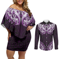New Zealand Ta Moko Couples Matching Off Shoulder Short Dress and Long Sleeve Button Shirt Aotearoa Maori Chest Tattoo Purple