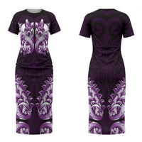 New Zealand Ta Moko Couples Matching Short Sleeve Bodycon Dress and Long Sleeve Button Shirt Aotearoa Maori Chest Tattoo Purple LT14 - Polynesian Pride