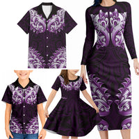 New Zealand Ta Moko Family Matching Long Sleeve Bodycon Dress and Hawaiian Shirt Aotearoa Maori Chest Tattoo Purple LT14 - Polynesian Pride