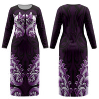 New Zealand Ta Moko Family Matching Long Sleeve Bodycon Dress and Hawaiian Shirt Aotearoa Maori Chest Tattoo Purple LT14 Mom's Dress Purple - Polynesian Pride