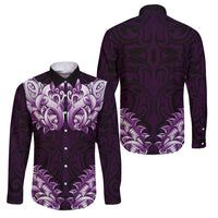 New Zealand Ta Moko Family Matching Off The Shoulder Long Sleeve Dress and Hawaiian Shirt Aotearoa Maori Chest Tattoo Purple LT14 Dad's Shirt - Long Sleeve Purple - Polynesian Pride