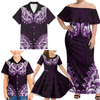 New Zealand Ta Moko Family Matching Off Shoulder Maxi Dress and Hawaiian Shirt Aotearoa Maori Chest Tattoo Purple LT14 - Polynesian Pride