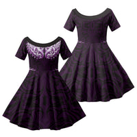 New Zealand Ta Moko Family Matching Off Shoulder Maxi Dress and Hawaiian Shirt Aotearoa Maori Chest Tattoo Purple LT14 Daughter's Dress Purple - Polynesian Pride