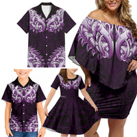 New Zealand Ta Moko Family Matching Off Shoulder Short Dress and Hawaiian Shirt Aotearoa Maori Chest Tattoo Purple LT14 - Polynesian Pride