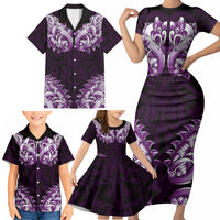 New Zealand Ta Moko Family Matching Short Sleeve Bodycon Dress and Hawaiian Shirt Aotearoa Maori Chest Tattoo Purple