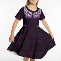 New Zealand Ta Moko Kid Short Sleeve Dress Aotearoa Maori Chest Tattoo Purple LT14 - Polynesian Pride