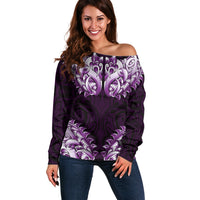 New Zealand Ta Moko Off Shoulder Sweater Aotearoa Maori Chest Tattoo Purple