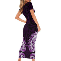 New Zealand Ta Moko Short Sleeve Bodycon Dress Aotearoa Maori Chest Tattoo Purple