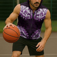 New Zealand Ta Moko Sleeveless Zip Hoodie Aotearoa Maori Chest Tattoo Purple