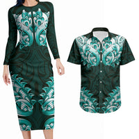 New Zealand Ta Moko Couples Matching Long Sleeve Bodycon Dress and Hawaiian Shirt Aotearoa Maori Chest Tattoo Turquoise