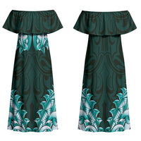 New Zealand Ta Moko Couples Matching Off Shoulder Maxi Dress and Hawaiian Shirt Aotearoa Maori Chest Tattoo Turquoise
