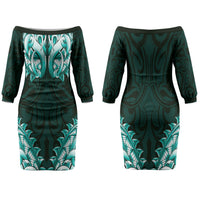 New Zealand Ta Moko Couples Matching Off The Shoulder Long Sleeve Dress and Hawaiian Shirt Aotearoa Maori Chest Tattoo Turquoise
