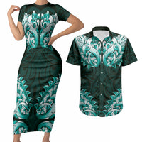 New Zealand Ta Moko Couples Matching Short Sleeve Bodycon Dress and Hawaiian Shirt Aotearoa Maori Chest Tattoo Turquoise LT14 Turquoise - Polynesian Pride