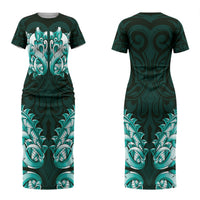 New Zealand Ta Moko Couples Matching Short Sleeve Bodycon Dress and Hawaiian Shirt Aotearoa Maori Chest Tattoo Turquoise LT14 - Polynesian Pride