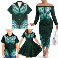 New Zealand Ta Moko Family Matching Off The Shoulder Long Sleeve Dress and Hawaiian Shirt Aotearoa Maori Chest Tattoo Turquoise LT14 - Polynesian Pride